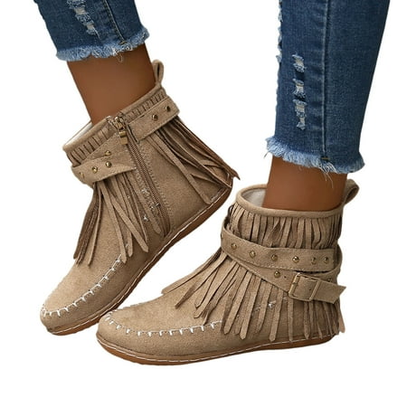 

Ladies Casual Vintage Solid Boots for Women No Heel Color Fringe Booties Comfortable Comfy Boots for Women Flat Mid Cylinder Round Head Plus Size Western Boots Ankle Boots