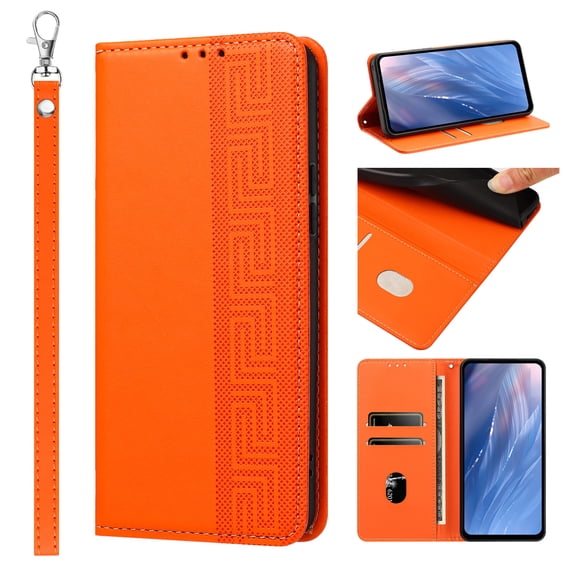 Feishell Wallet Case For Samsung Galaxy S24 Ultra, Premium PU Leather Flip Folio Cover with RFID Blocking Card Slots Cash Pocket Kickstand Wrist Strap Embossed Pattern Shockproof Phone Case,Orange