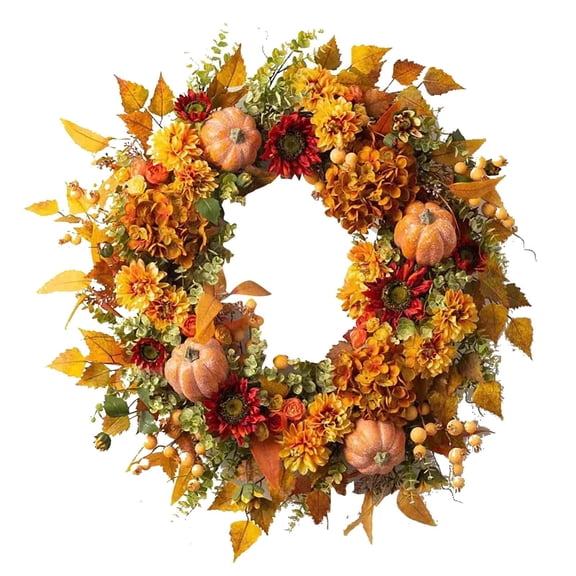Artificial Fall Pumpkin Berry Wreath 17.7in Autumn Harvest Decoration for Front Door Wall Home Indoor Outdoor Thanksgiving Party Decor