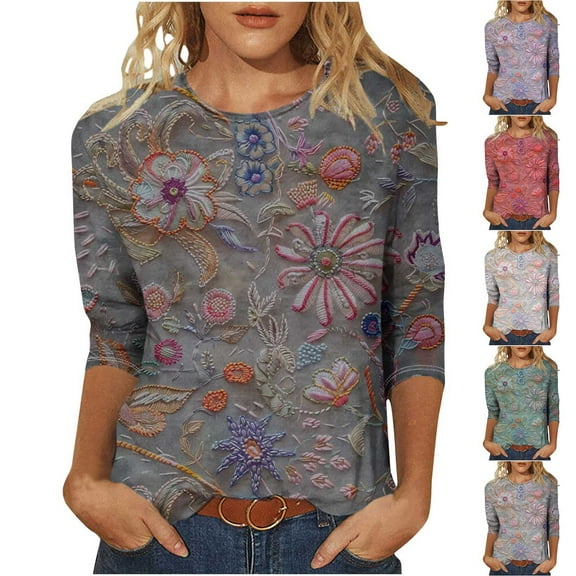 CYMMPU Spring Tops Round Neck Tunic Tops Summer Fashion Shirts Blouses for Women Dressy Casual 3/4 Sleeve Loose Fit Flower Pattern Lightweight Basic T-Shirts Black XXXXXL