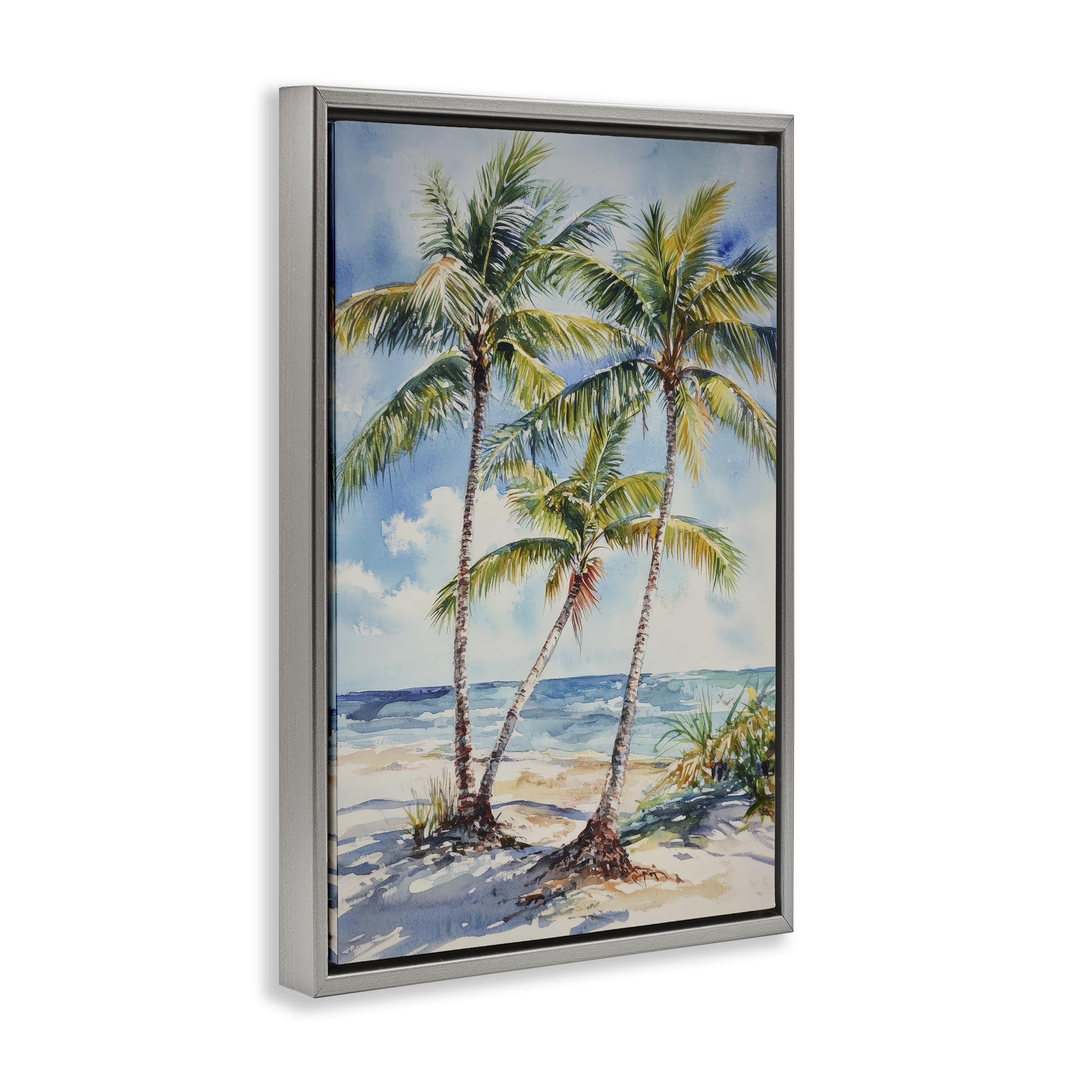 Stupell Industries Windy Palm Trees on Shore Gray Framed Floater Canvas Wall Art, design by Petal Prints Design