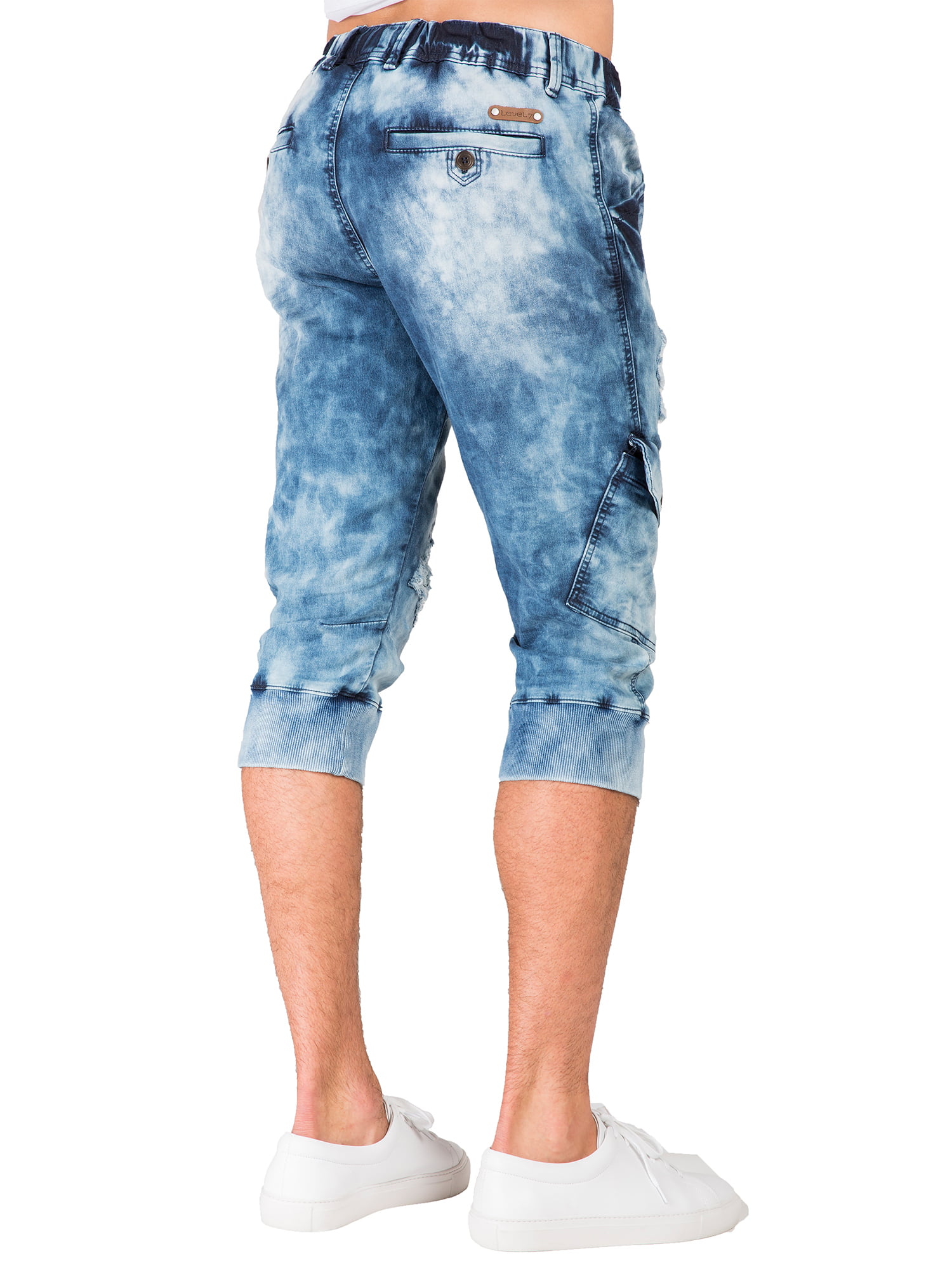 Level 7 Mens Premium Jogger Capri Knit Denim Shorts Distressed Cargo Pocket 18 Inseam