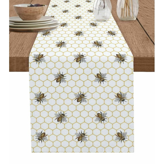 Yellow Bees Burlap Cotton Table Runner 14x72 Inches Long, Honeybee Geometric Hive Simple Pastoral Farmhouse Table Runners, Outdoor Dining Tablecloths Decor for Baby Shower/Party/Wedding