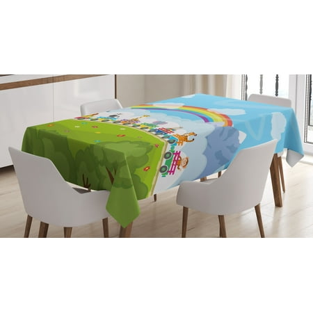 Train Mountain Railroad - Nursery Tablecloth, Cartoon Railway Train with Various Animals and a Rainbow Mountains Clouds Trees, Rectangular Table Cover for Dining Room Kitchen, 60 X 84 Inches, Multicolor, by Ambesonne