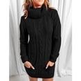 thumbnail image 2 of Vestido Casual De Punto De Cable Cuello Alto Manga Larga Con Bolsillo Vestido Suéter Suelto Para Mujer Negro XL, 2 of 6
