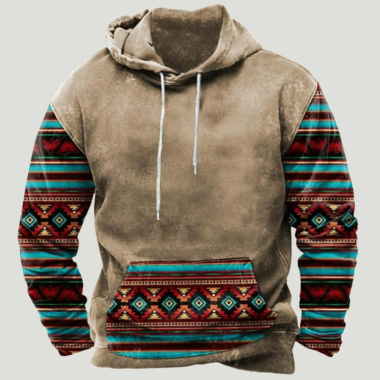 Men's Hooded Sweatshirt Tribal Aztec Printed Oversized Long Sleeve Pullover  Sweatshirt Color Block Vintage Graphic Hoodies Tops 