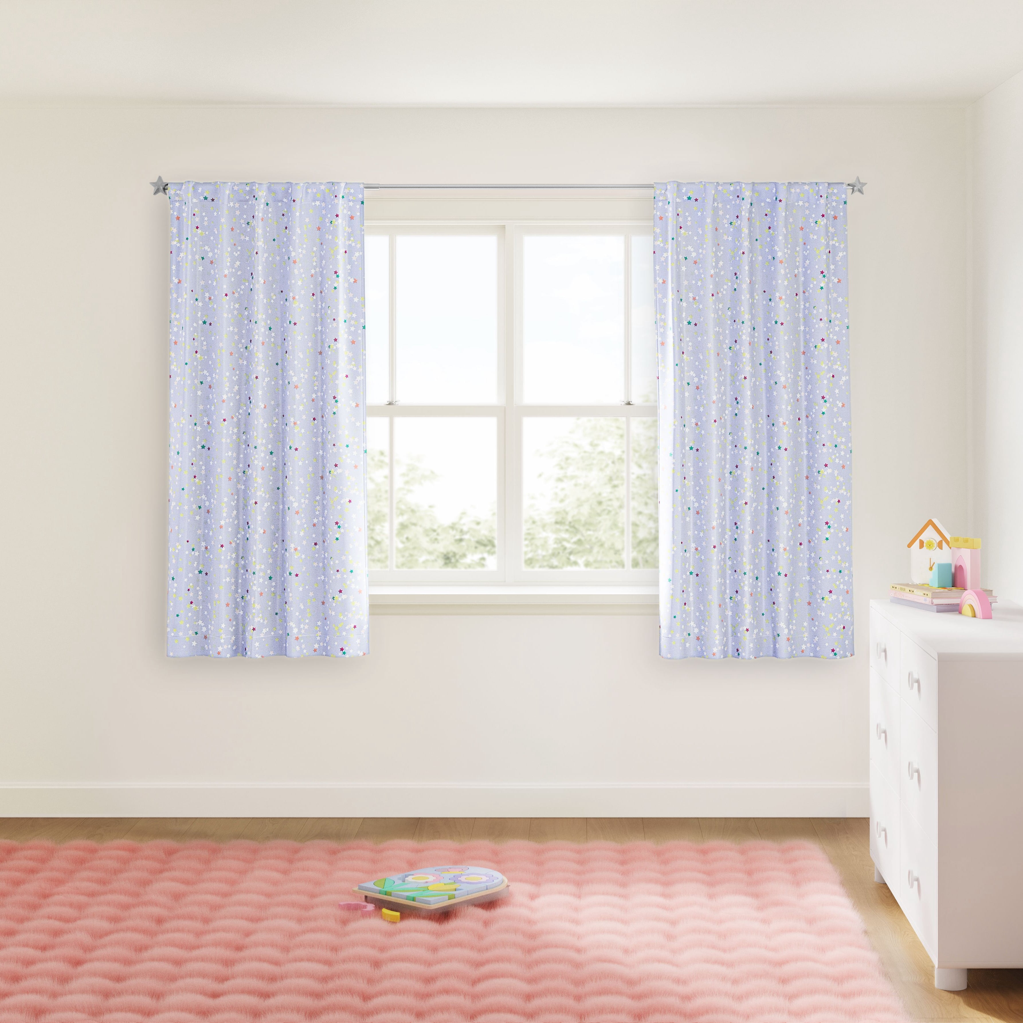 Mainstays Kids Glow-in-the-Dark Blackout Single Curtain Panel, Rod Pocket with Back Tabs, Light Purple Multicolor Stars, 38 in x 63 in