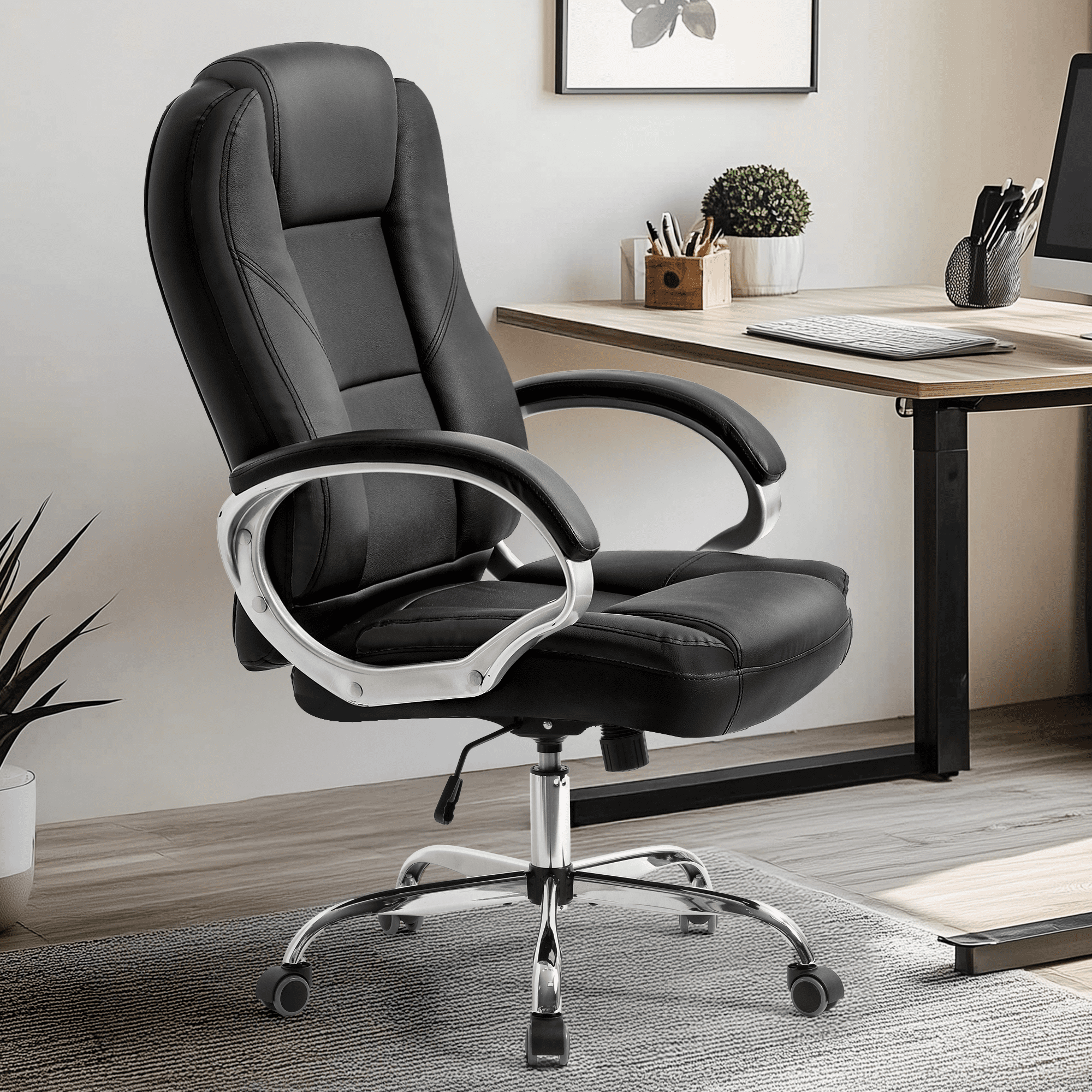 NEO CHAIR Home Office Chair, Heavy Duty Leather Office Chair, Ergonomic High Back Cushion Lumbar Back Support, Computer Desk Executive Chair for Work, 8 Hours Comfort, Jet Black