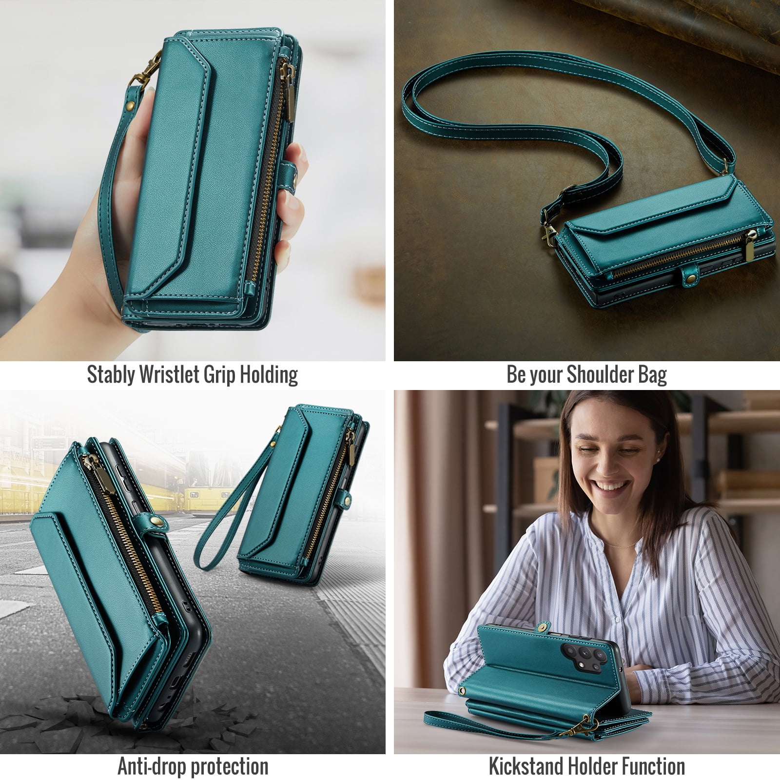 Compatible with Samsung Galaxy A32 5G 2021 6.5 inch Zipper Wallet Phone Case Tempered Glass Screen Protector Crossbody Lanyard Strap Flip Card Holder Slot Cell Cover for M32 G5 A 32 32A Women Green