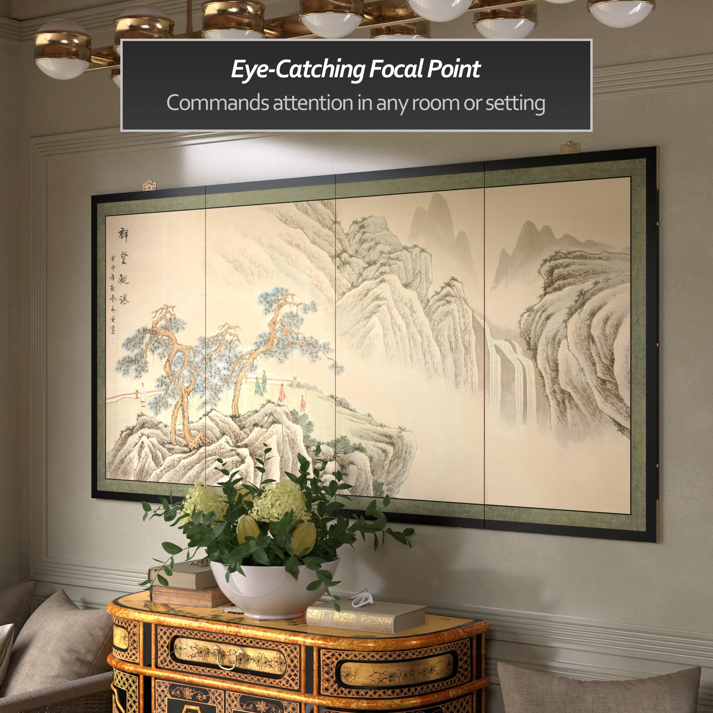 6ft. Long Handpainted Chinese Silk Wall Art Screen - Mountain Landscape