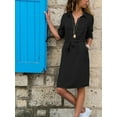 thumbnail image 4 of Femmes Chemise Robe Bouton Long 5 3 4 1 Manches Robe Dentelle Vêtements, Noir, XL, 4 of 5
