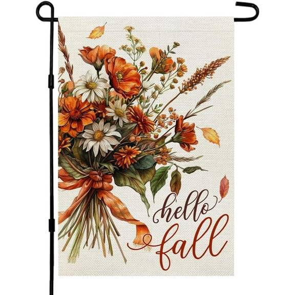 Shmbada Hello Fall Floral Garden Flag 12x18 Inch Double Sided Small Burlap Autumn Flowers Holiday Flag for Outside Yard