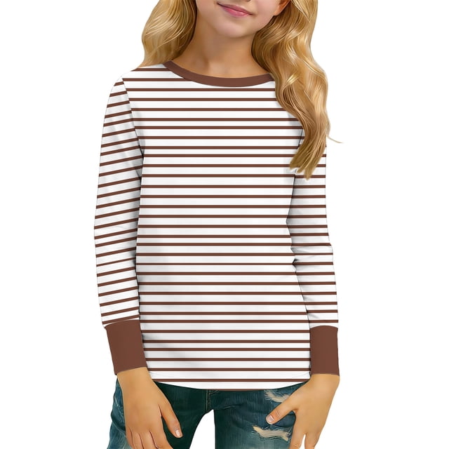 Blusas y camisas de manga larga con cuello redondo para niños y niñas, moda, lindas, con estampado de rayas, transpirables, suaves, de manga larga, para niña
