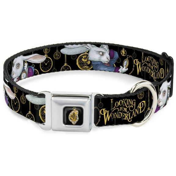 Disney Pet Collar, Dog Collar Metal Seatbelt Buckle, White Rabbit Poses Looking For Wonderland Clocks Black Golds, 9.5 to 13 Inches 1.0 Inch Wide