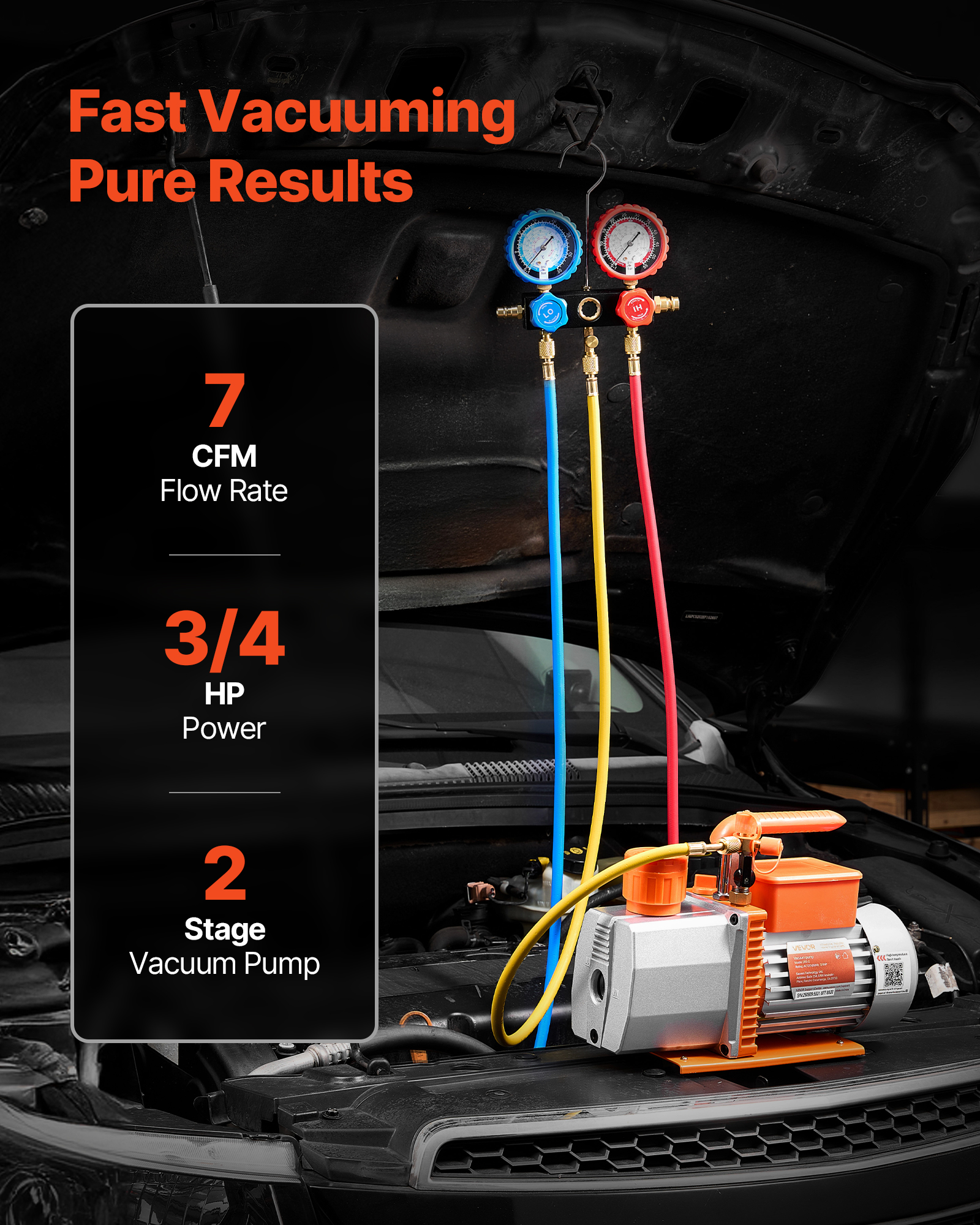 VEVOR AC Vacuum Pump and Gauge Set, 7 CFM 3/4HP, Two Stage Rotary Vane HVAC Vacuum Pump, A/C Manifold Gauge Kit, for R134a R22 R410a, with Leak Detector Carry Bag Hose, for Auto HVAC Air Conditioning