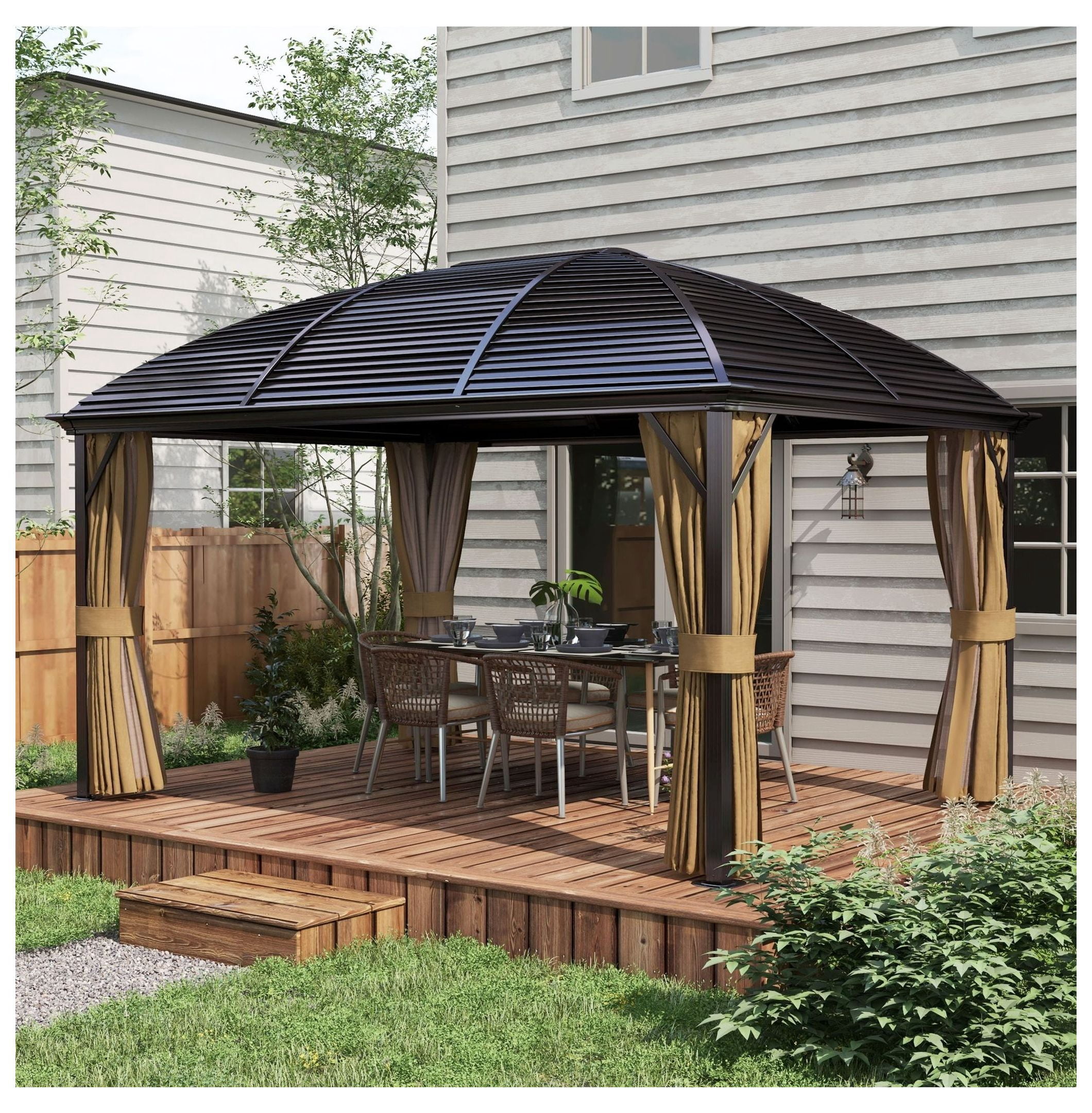 10'x14' Hardtop Gazebo with Curtains & Netting - Steel Roof Patio Pavilion - Brown