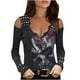 thumbnail image 2 of Camiseta de manga larga con cuello en V y hombros descubiertos para mujer, blusa con estampado de calavera y gradiente, camiseta ajustada informal para mujer, Top 2022, 2 of 4