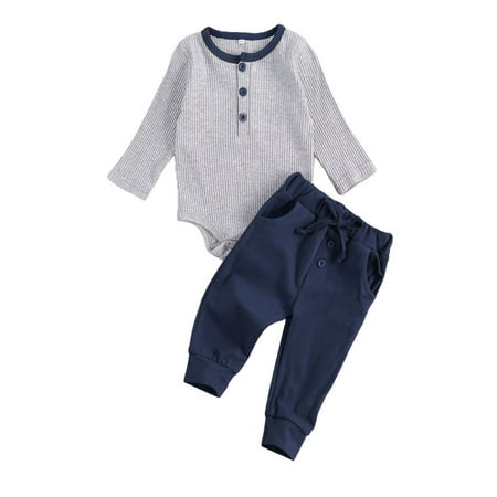

Newborn Baby Boy Girl Clothes Outfits Infant Button Knit Romper Top + Stretch Drawstring Pants Fall Pajamas Set