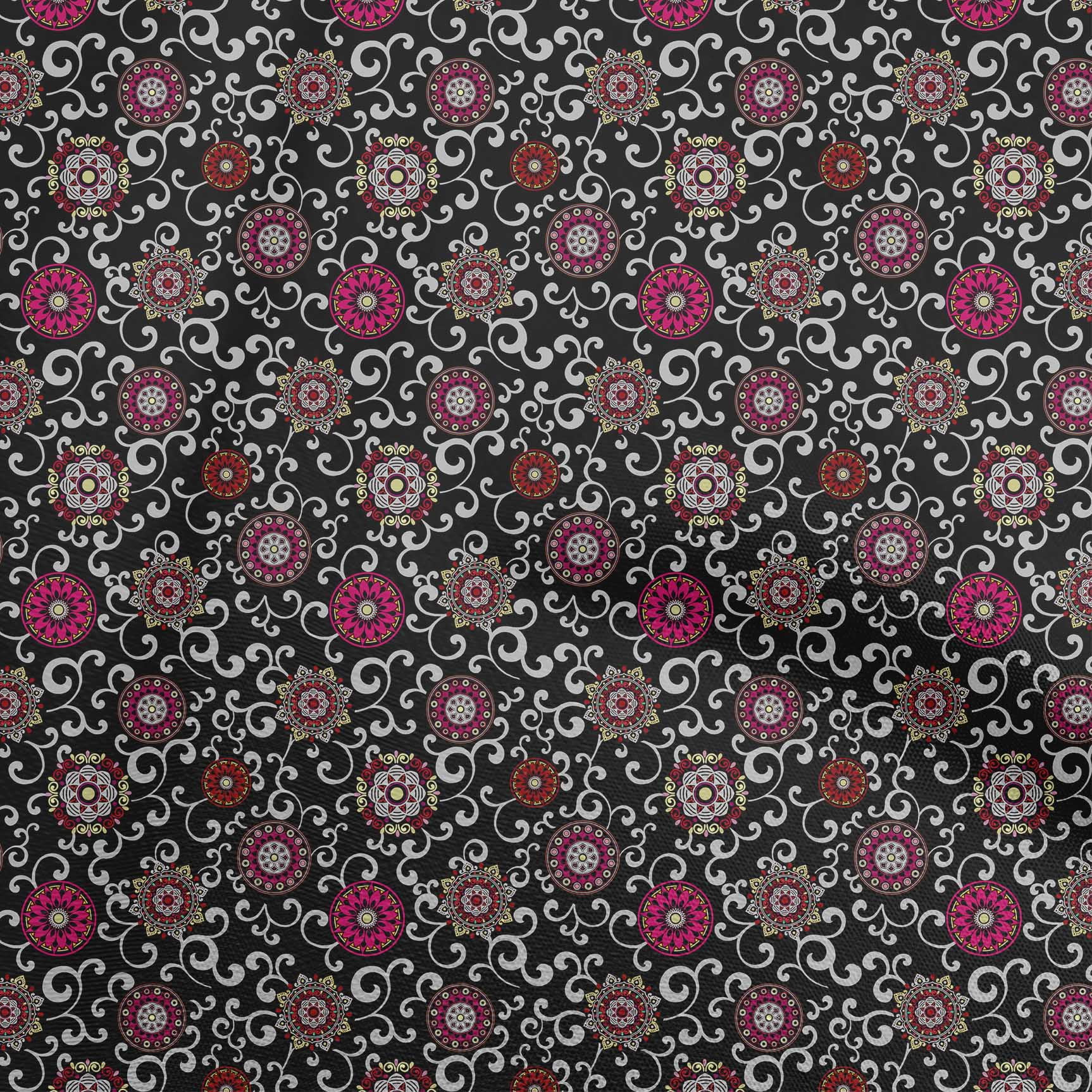 Soimoi Black Georgette Viscose Fabric - Floral Mandala Print By The Yard