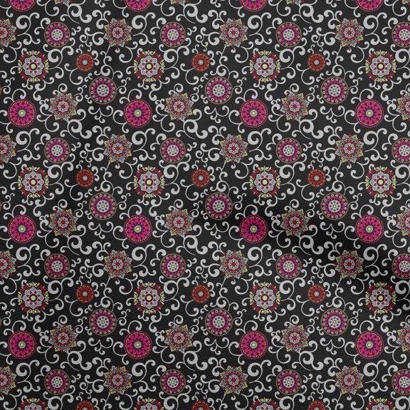 oneOone Polyester Spandex Black Fabric Asian Suzani Diy Clothing Quilting Fabric Print Fabric By Yard 56 Inch Wide