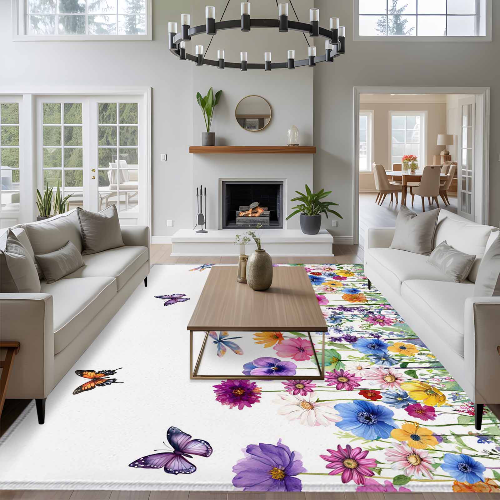 Large Area Rugs for Living Room Bedroom, Spring Flowers 8'x10' Rug Washable Carpet Runner Indoor Outdoor, Watercolor Butterfly Dragonfly Daisy Country Non Slip Floor Mats Rug for Kitchen, Patio