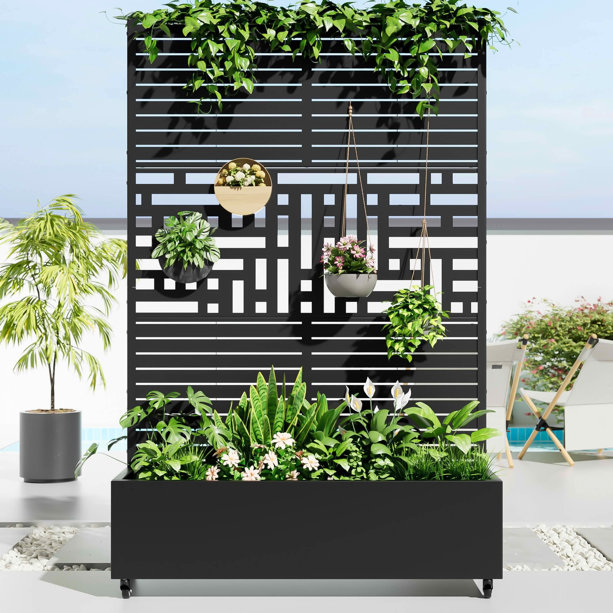 MAYEERTY 72x47x16 Inch Black Metal Planter Box with Trellis for Outdoor Garden & Patio