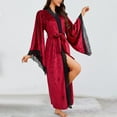 thumbnail image 3 of APEXFWDT Women's Velvet Long Robe Long Sleeve Kimono Bathrobe Lace Trim Nightgown with Belt, Elegant Loungewear,M,Red, 3 of 4