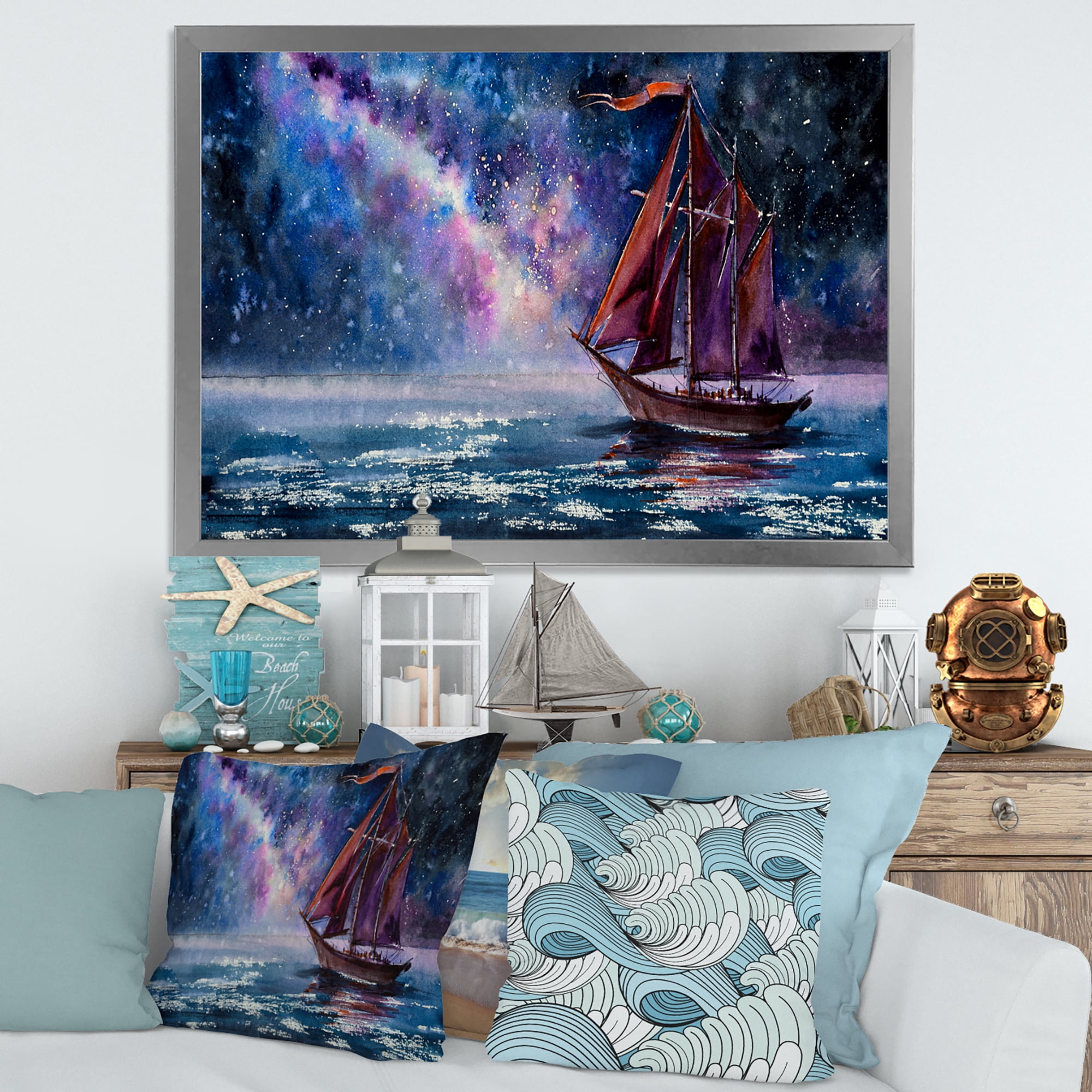 Designart 'Red Sails & Bright Night Sky With Wooden Sailboat' Nautical & Coastal Framed Art Print