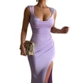 thumbnail image 3 of Women'S Slip Long Dress Cowl Neck Backless Ruched Bodycon Side Split Cocktail Party Night Out Dress L, 3 of 9