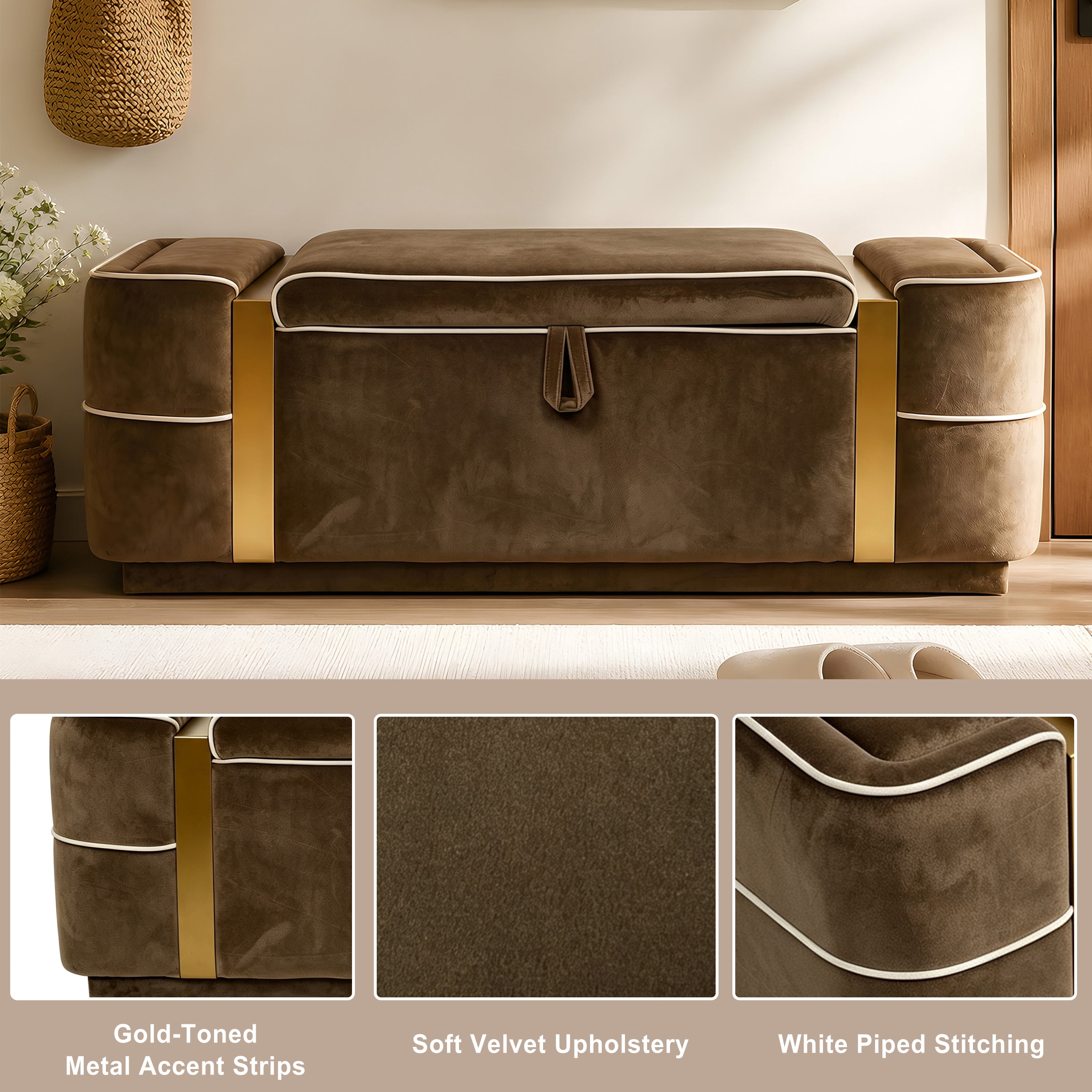 Euroco 47.2" Storage Ottoman Bench,Upholstered End of Bed Bench with Seating, Entryway Bench for Living Room Bedroom,Brown