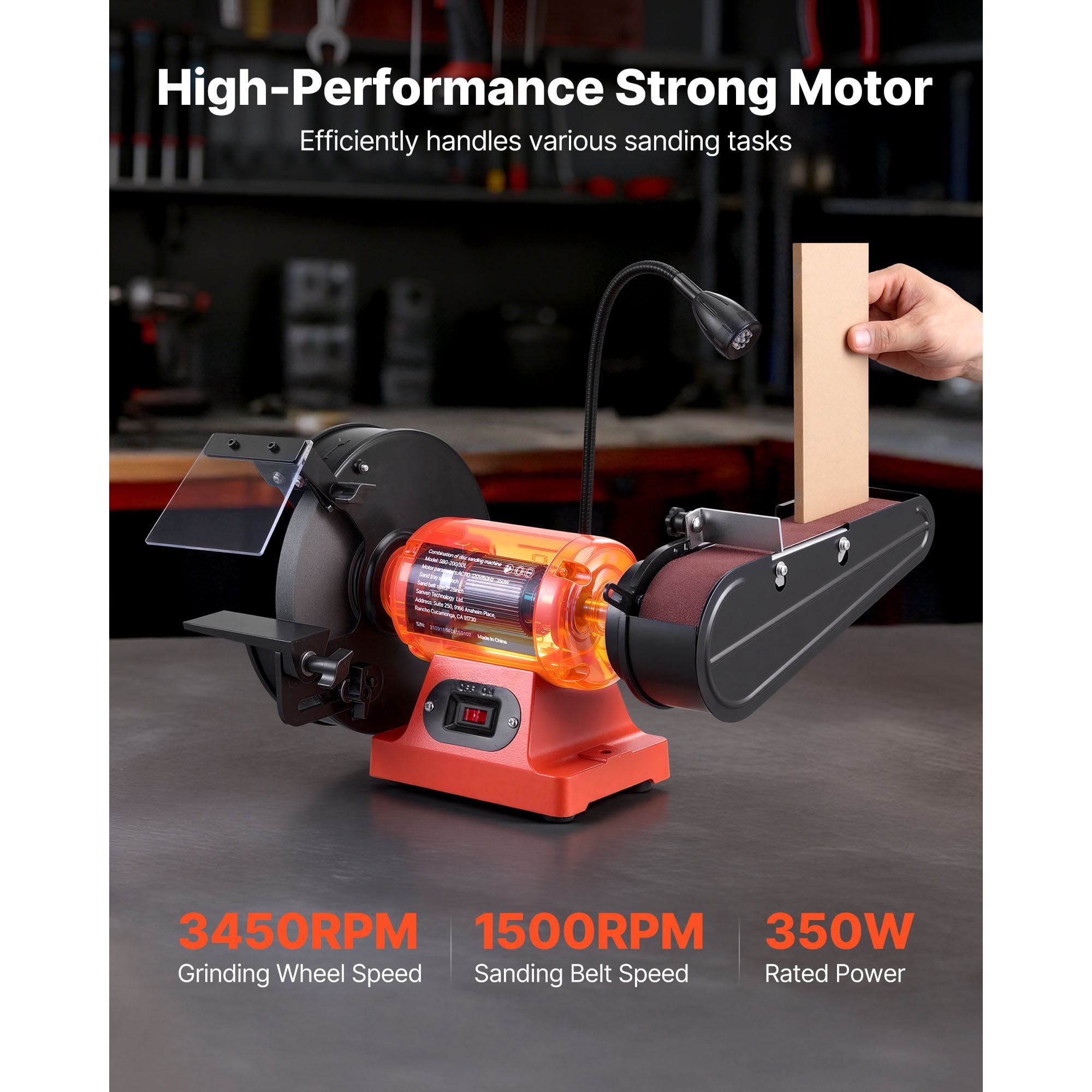 KFFKFF 8-Inch Bench Grinder and 2-Inch x 28-Inch Belt Sander Combo, 350W Grinding and Sanding Machine with LED Work Light and Eye Shield for Metal and Wood Projects, Knife Sharpening
