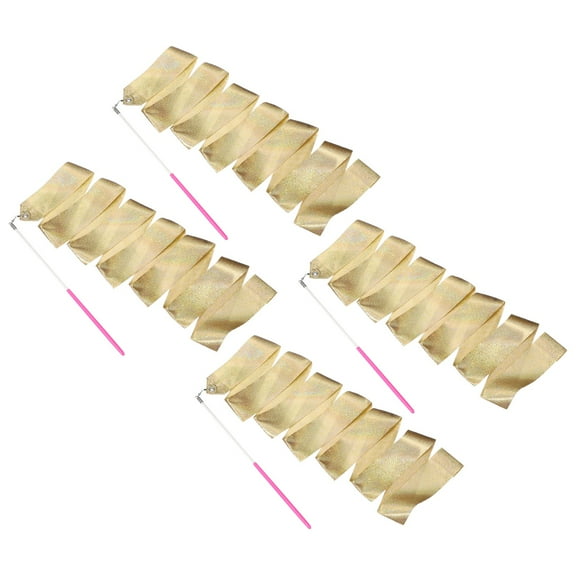 Uxcell 4 Pcs Dance Ribbons, 78.7 Inch Sparkly Gymnastics Ribbon Streamers with Pink Wand for Gymnastics Artistic, Gold