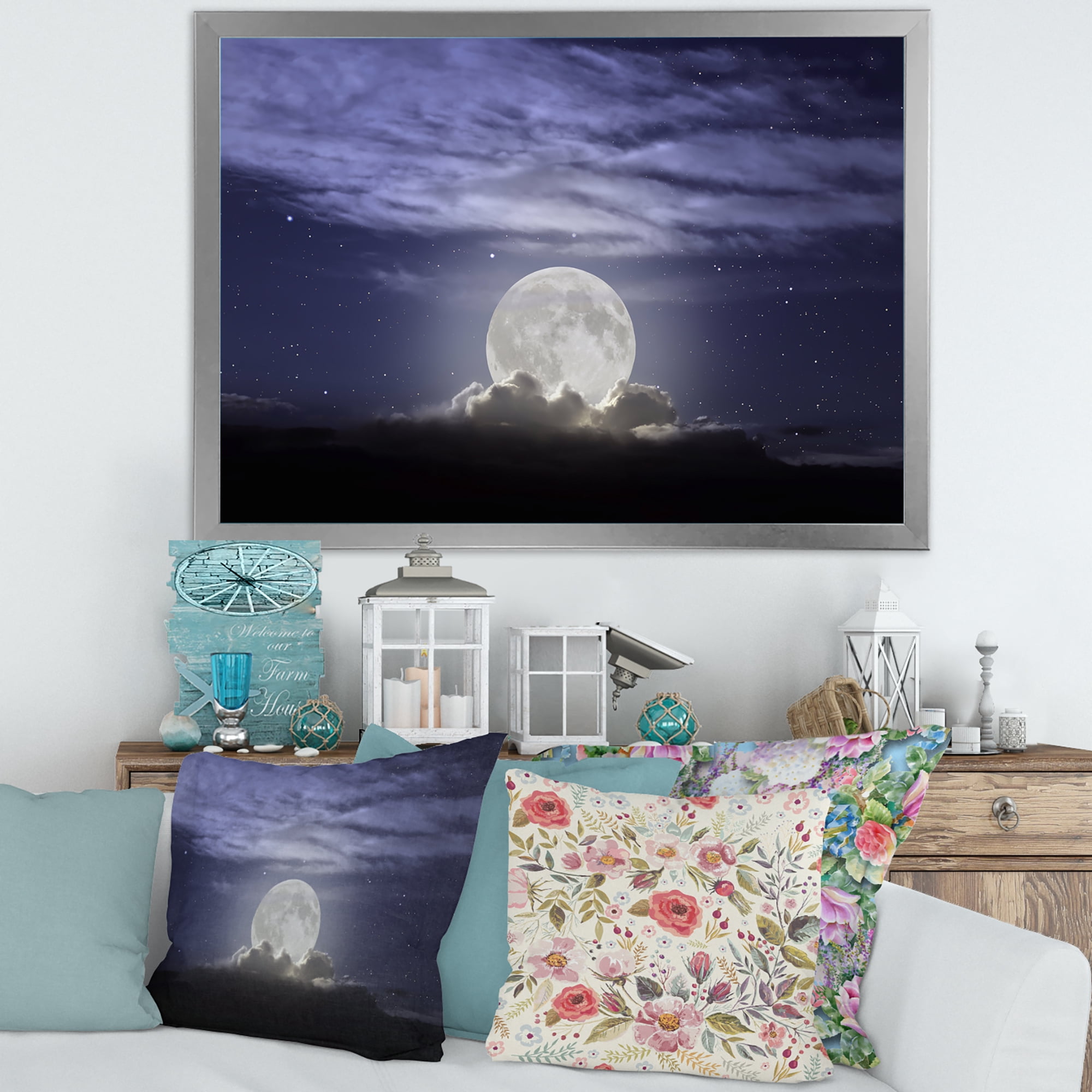 Designart 'Full Moon Rising In A Cloudy Night Sky' Nautical & Coastal Framed Art Print