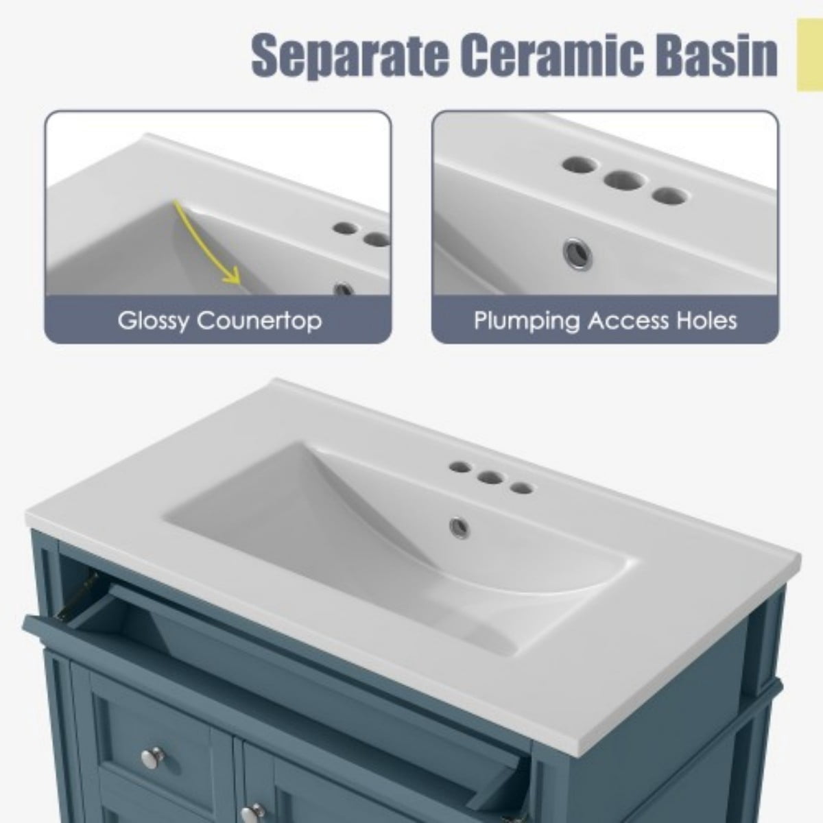 30" Bathroom Vanity with Sink, Modern Freestanding Bathroom Vanity Cabinet with Ceramic Sink, 3 Drawers & Tip-Out Drawer, Adjustable Shelf, White Storage Cabinet, Blue