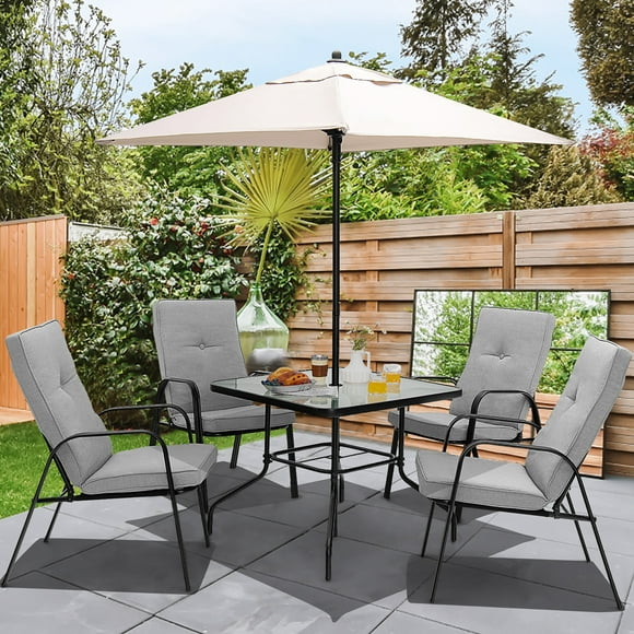 Gymax 6PCS Outdoor Dining Set Patio Table & Chair Furniture Set w/ Cushions & Umbrella