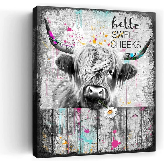 Aaheei Funny Highland Cattle Bathroom Wall Art Print, Vintage Rustic Vintage Doodle Highland Cow Canvas Art For Bathroom Toilet Decor, Farmhouse Wall Decor