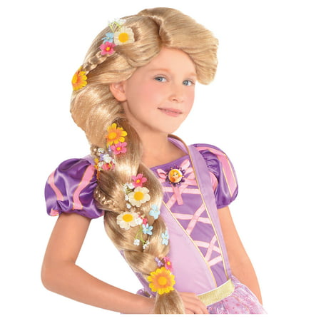 Suit Yourself Tangled Rapunzel Wig for Children, One Size, Features a Long, Thick Braid Adorned with Multicolor Flowers