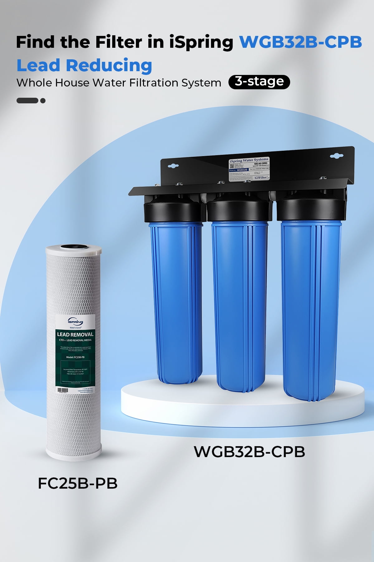 iSpring FC25B-PB 4.5” x 20” Lead, Arsenic, Cadmium, Chlorine Reducing Whole House Water Filter, SGS-Tested, Fits iSpring WGB32B Series