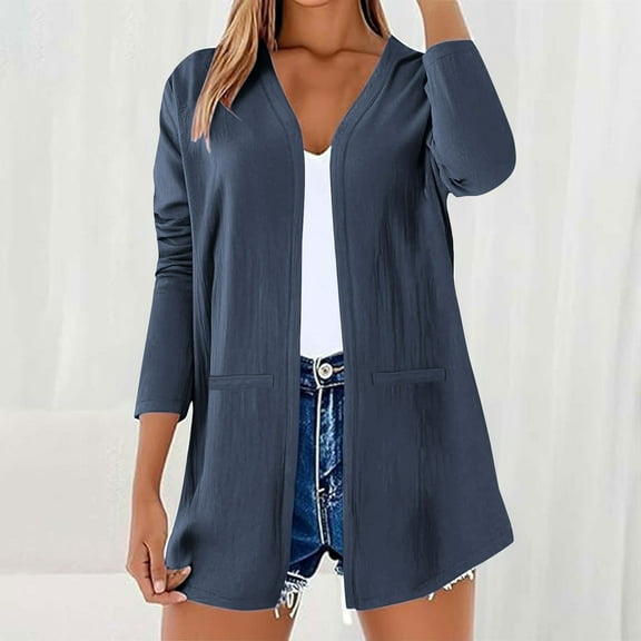 BLTIBY Womens Lightweight Open Front Coat Fall Soft Comfy Long Cardigan Casual Loose Outerwear Fashion Jacket Navy 3XL