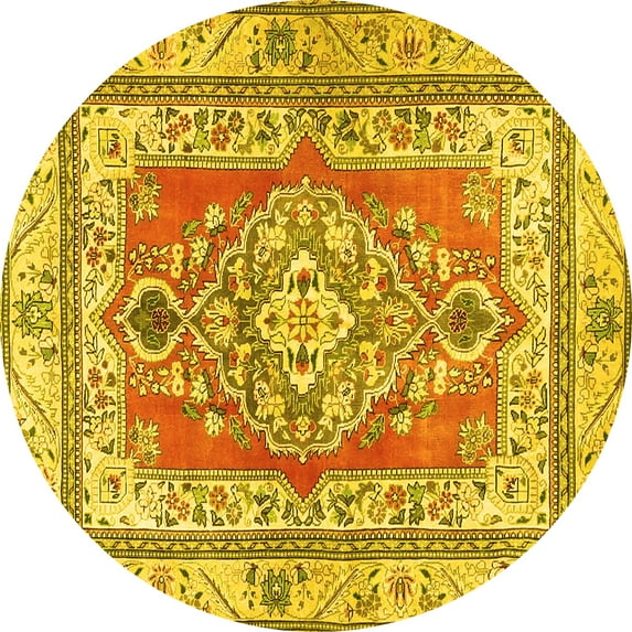 Ahgly Company Machine Washable Indoor Round Persian Yellow Traditional Area Rugs, 8' Round