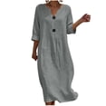 thumbnail image 2 of Hzzrkos Women Casual Vintage Loose Solid Color Three‑Quarter Sleeve V‑Neck Button‑Up Maxi Dress for Daily Vacation Beach Outdoor Occasions, 2 of 6