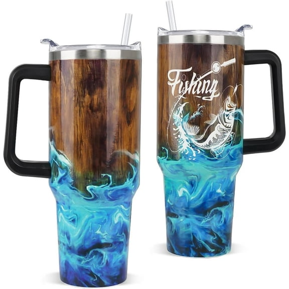 Fishing Tumbler with Handle and Straw Fish Cup Coffee Travel Mug Fishing Gifts for Dad Papa Husband Fisherman Fathers Day,Anniversary,Christmas,Birthday-40 oz Wood Grain Fishings