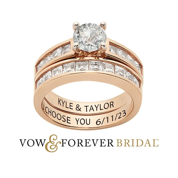 Vow & Forever Personalized Planet Bridal 14K Rose Gold over Sterling Silver Brilliant White Topaz 2 Piece Engraved Wedding Set ,Women's