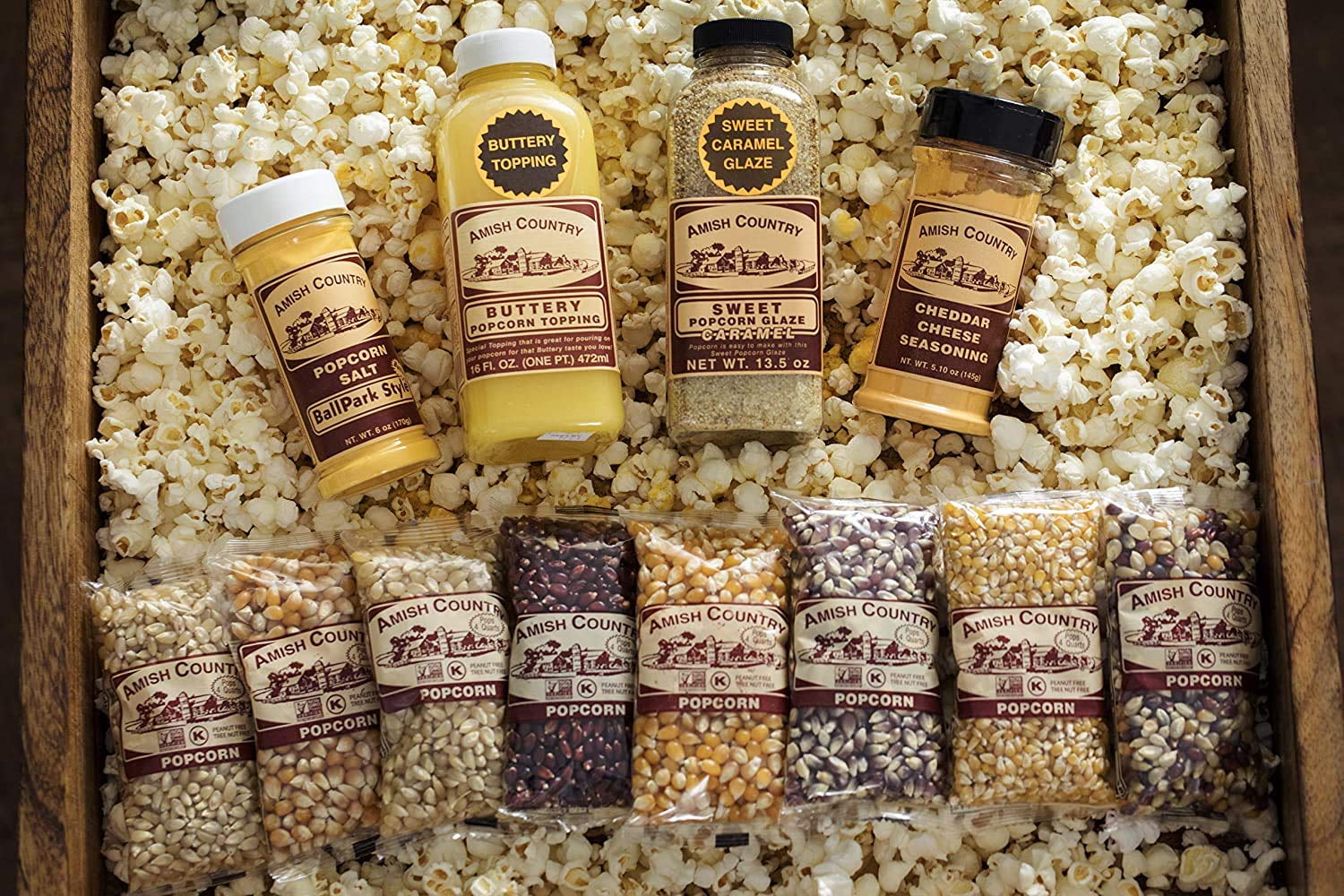 Amish Country Popcorn | 8 Bag - 4 Ounce Variety Gift Set with Buttery Topping, Sweet Caramel Glaze, Ballpark Salt & Cheddar Cheese Seasoning | Old Fashioned, Non-GMO and Gluten Free