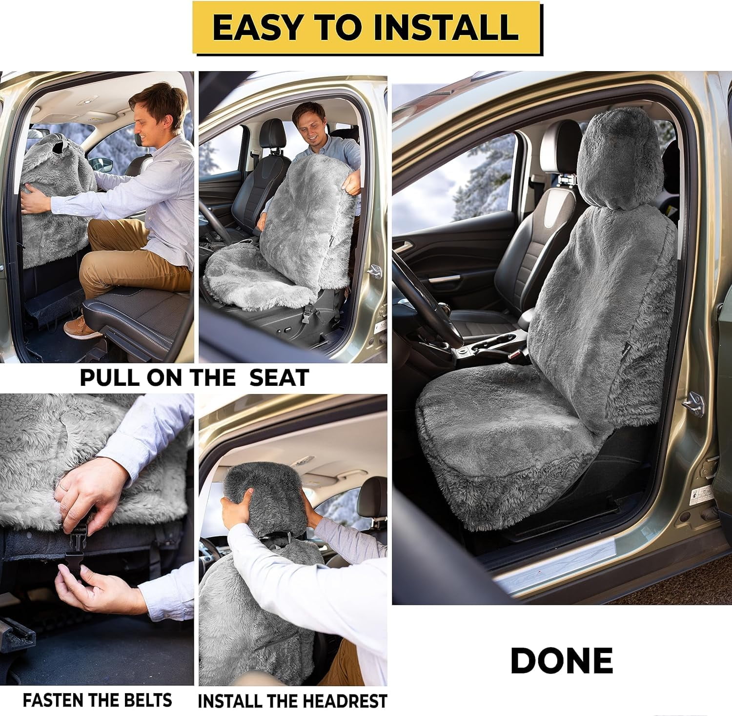 ZONETECH Car Seat Covers Full Set, 2- Pack Charcoal Grey Sheepskin Winter Wool Auto Accessories for All Season Protection of Your Seats,