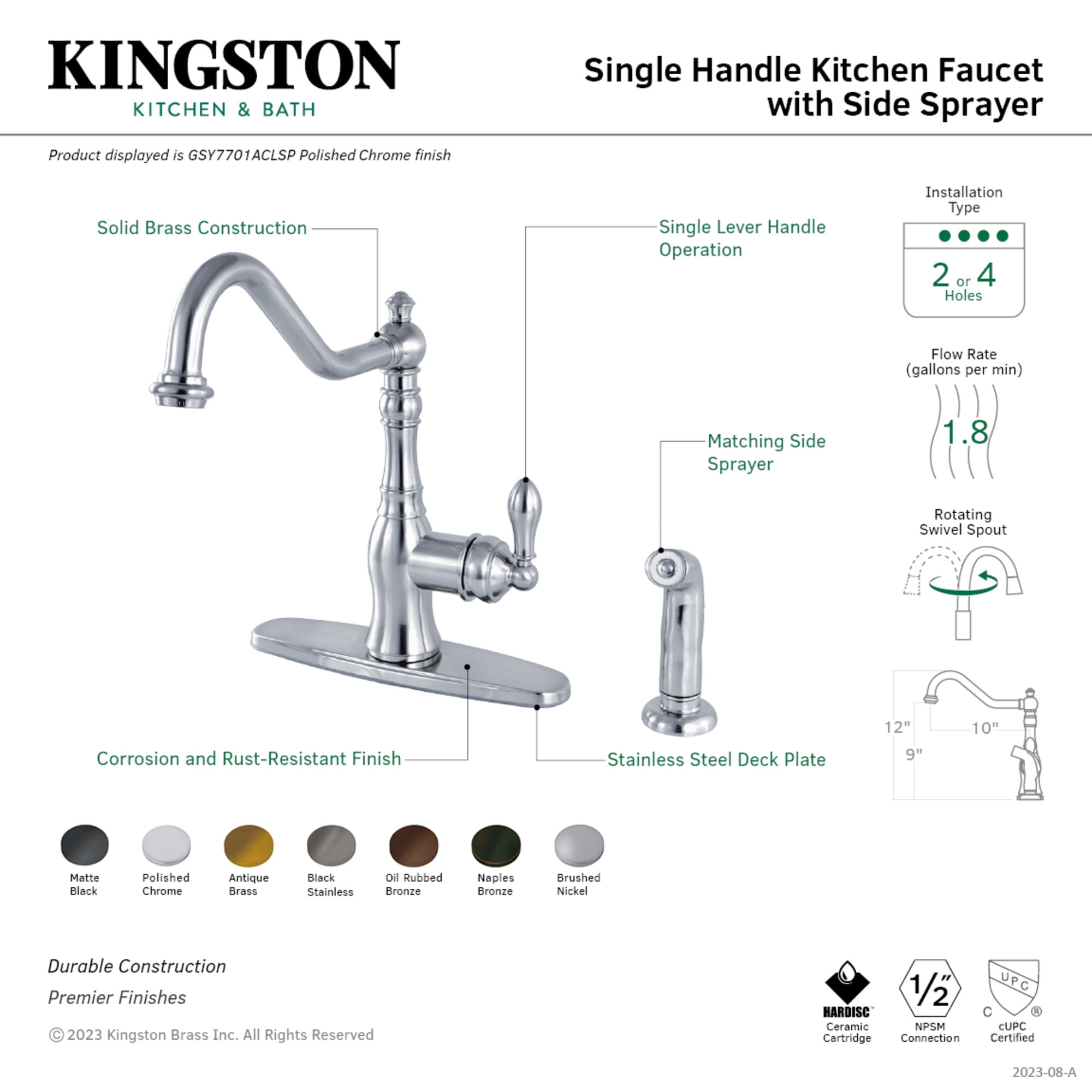 Kingston Brass GSY7703ACLSP American Classic Single-Handle 2-or-4 Hole Deck Mount Kitchen Faucet with Side Sprayer in Antique Brass