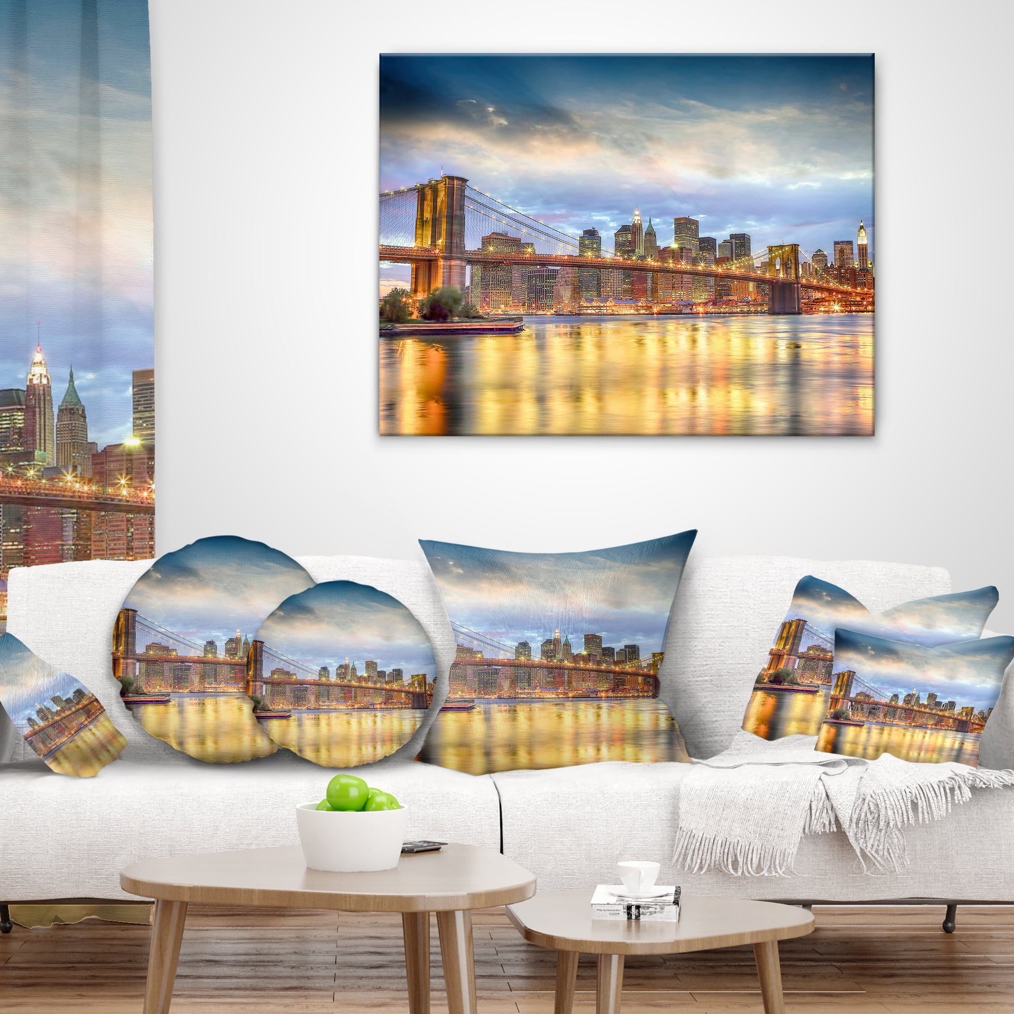 Designart Brooklyn Bridge with Night Illumination - Cityscape Throw Pillow - 18x18