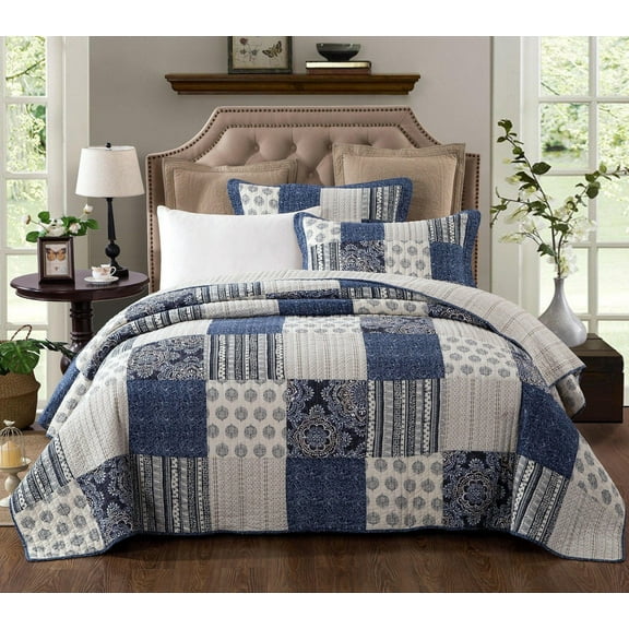 DaDa Bedding Bohemian Denim Blue Elegance Patchwork Cotton Bedspread Set (JHW-660)