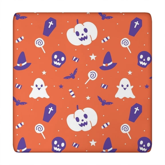 Halloween Decor Table Cover with Elastic Edge 34x34 Inch - Square Tablecloth Featuring Spooky Ghosts and Pumpkins Washable Fabric