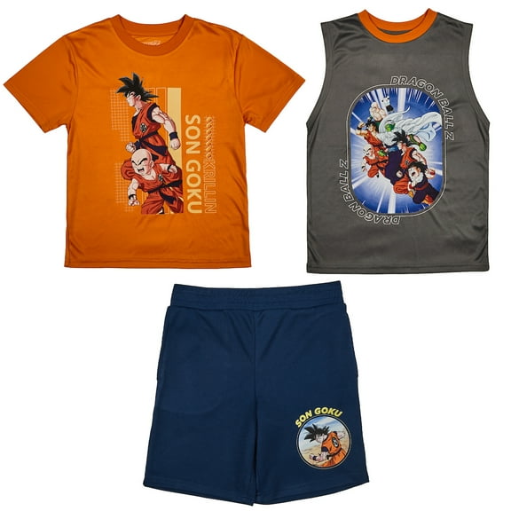 Dragon Ball Z 3-Pack Boy's Orange Short Sleeve Tee, Gray Muscle Tank, Blue Athletic Shorts Set